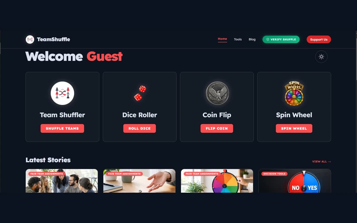 TeamShuffle homepage showing its team shuffler, dice roller, coin flip and spin wheel tools