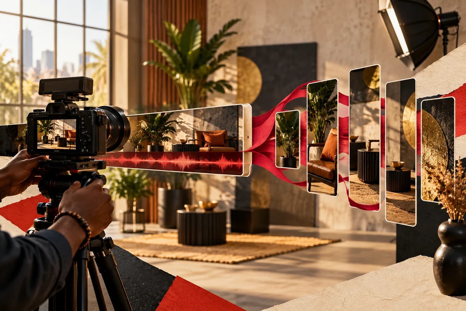 A professional camera transforming one recording into a sequence of short vertical visual clips