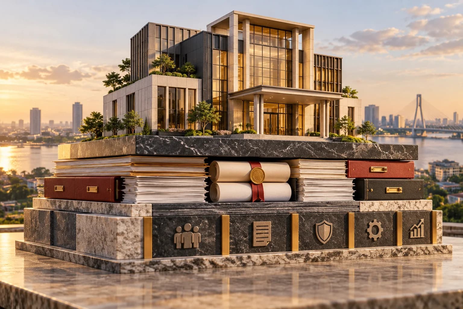 A durable commercial building supported by organised records and governance layers