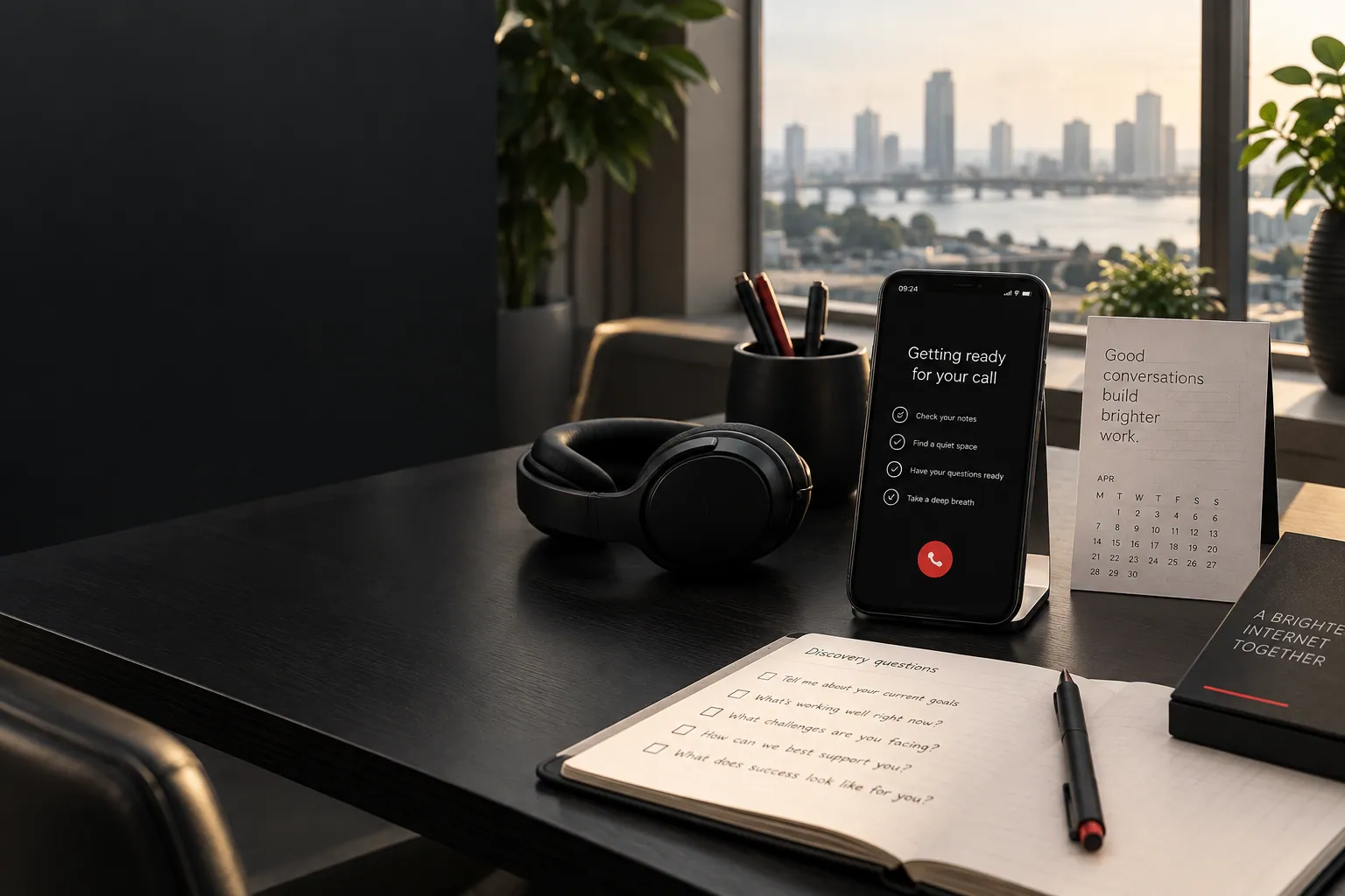 Illustrative call preparation workspace with phone, headphones and discovery notes