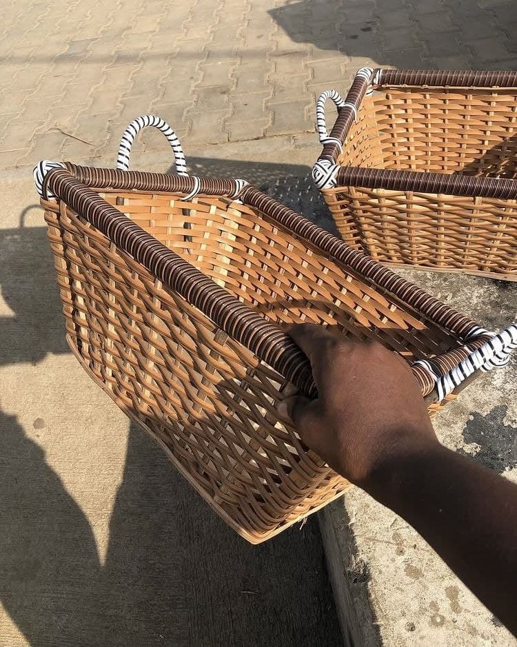 Close view of a handwoven basket and its handles